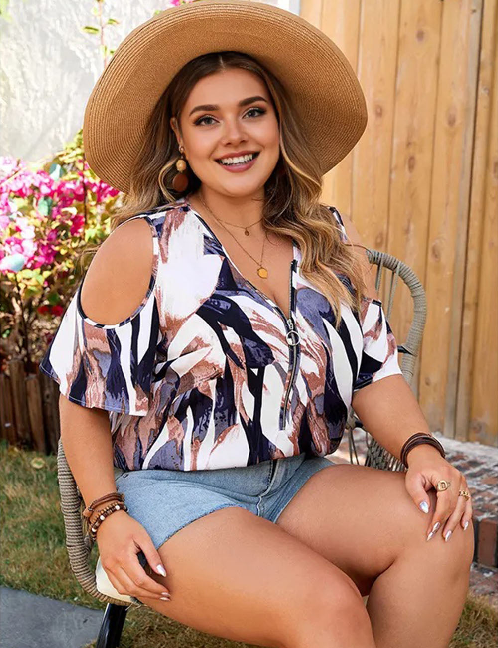 Women Plus Size V-Neck Off-Shoulder Printed Shirt | PRUSES-1