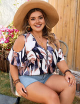 Women Plus Size V-Neck Off-Shoulder Printed Shirt | PRUSES-1