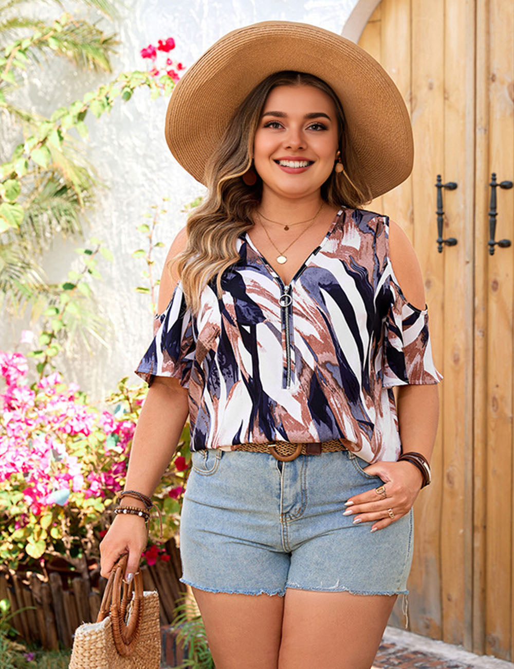 Women Plus Size V-Neck Off-Shoulder Printed Shirt | PRUSES-6