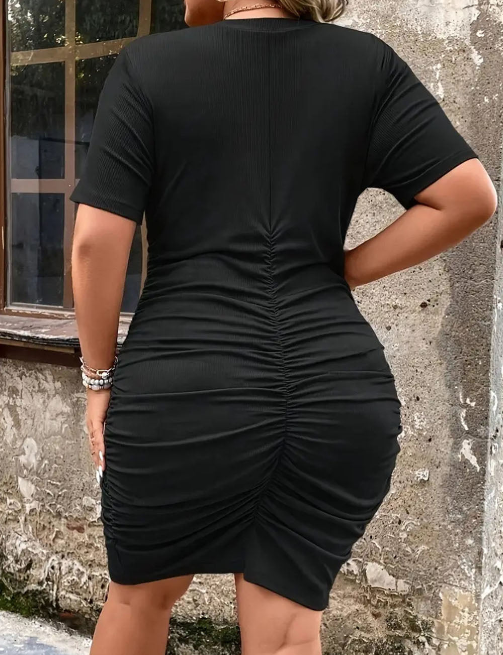 Women Plus Size V-Neck Pleated Bodycon Dress-6