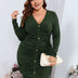 Women Plus Size V-Neck Pleated Bodycon Dress