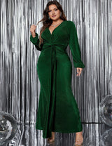 Women Plus Size V-Neck Pleated Evening Dress