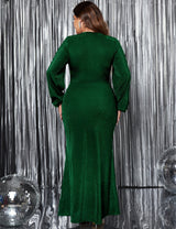 Women Plus Size V-Neck Pleated Evening Dress