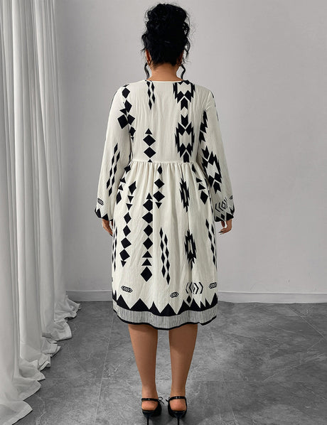 Women Plus Size V-Neck Puff Sleeve Printed Midi Dress