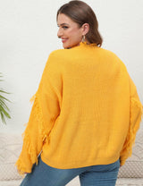 Women Plus Size V-Neck Tassel Patchwork Pullover Sweater