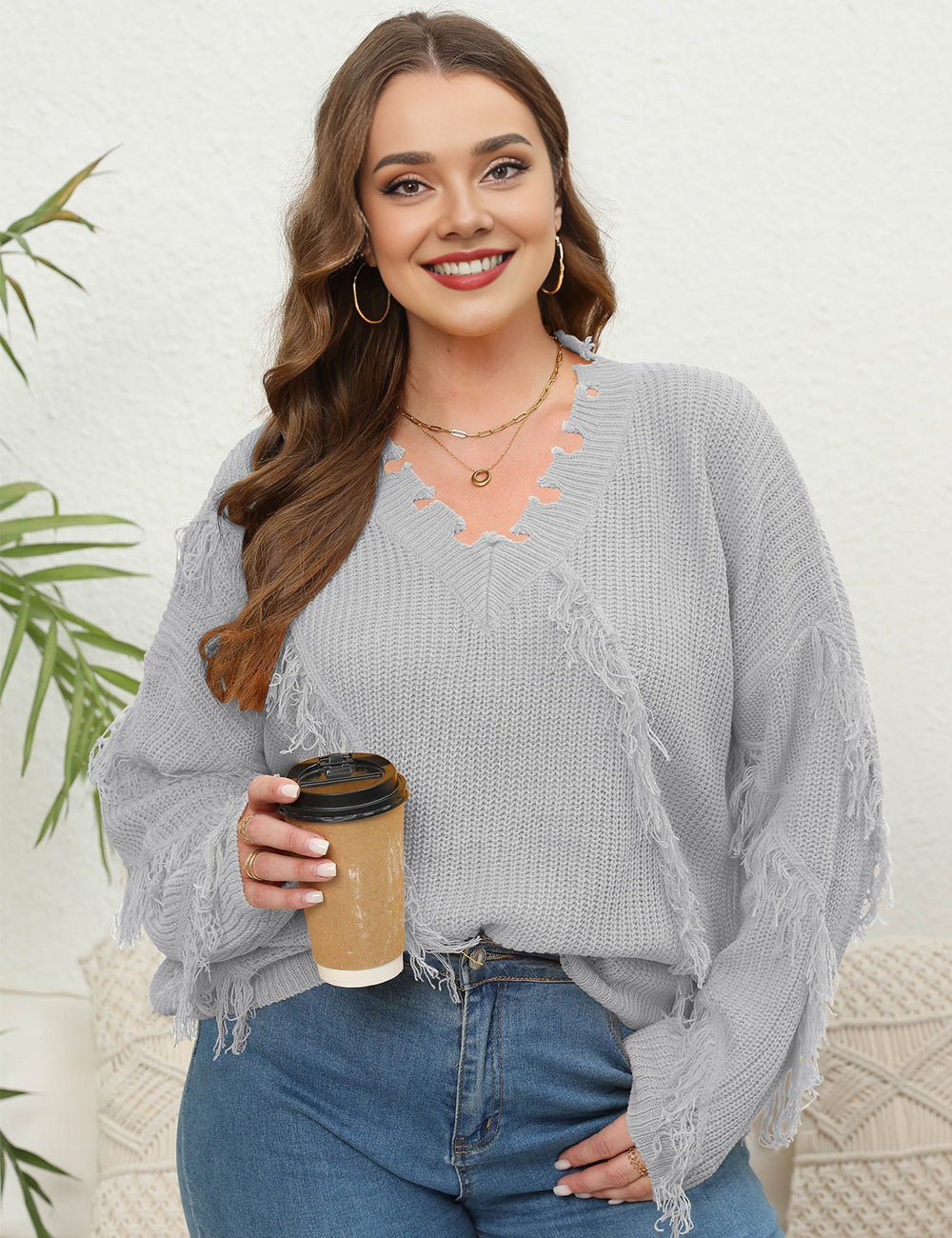 Women Plus Size V-Neck Tassel Patchwork Pullover Sweater