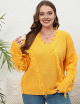 Women Plus Size V-Neck Tassel Patchwork Pullover Sweater