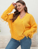 Women Plus Size V-Neck Tassel Patchwork Pullover Sweater