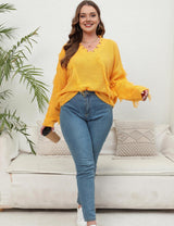 Women Plus Size V-Neck Tassel Patchwork Pullover Sweater
