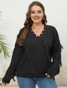 Women Plus Size V-Neck Tassel Patchwork Pullover Sweater