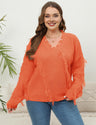 Women Plus Size V-Neck Tassel Patchwork Pullover Sweater