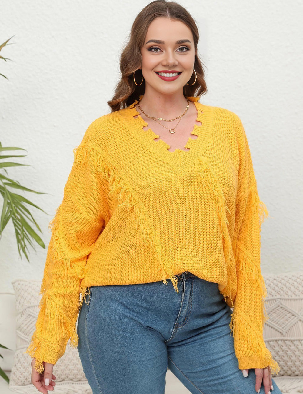 Women Plus Size V-Neck Tassel Patchwork Pullover Sweater