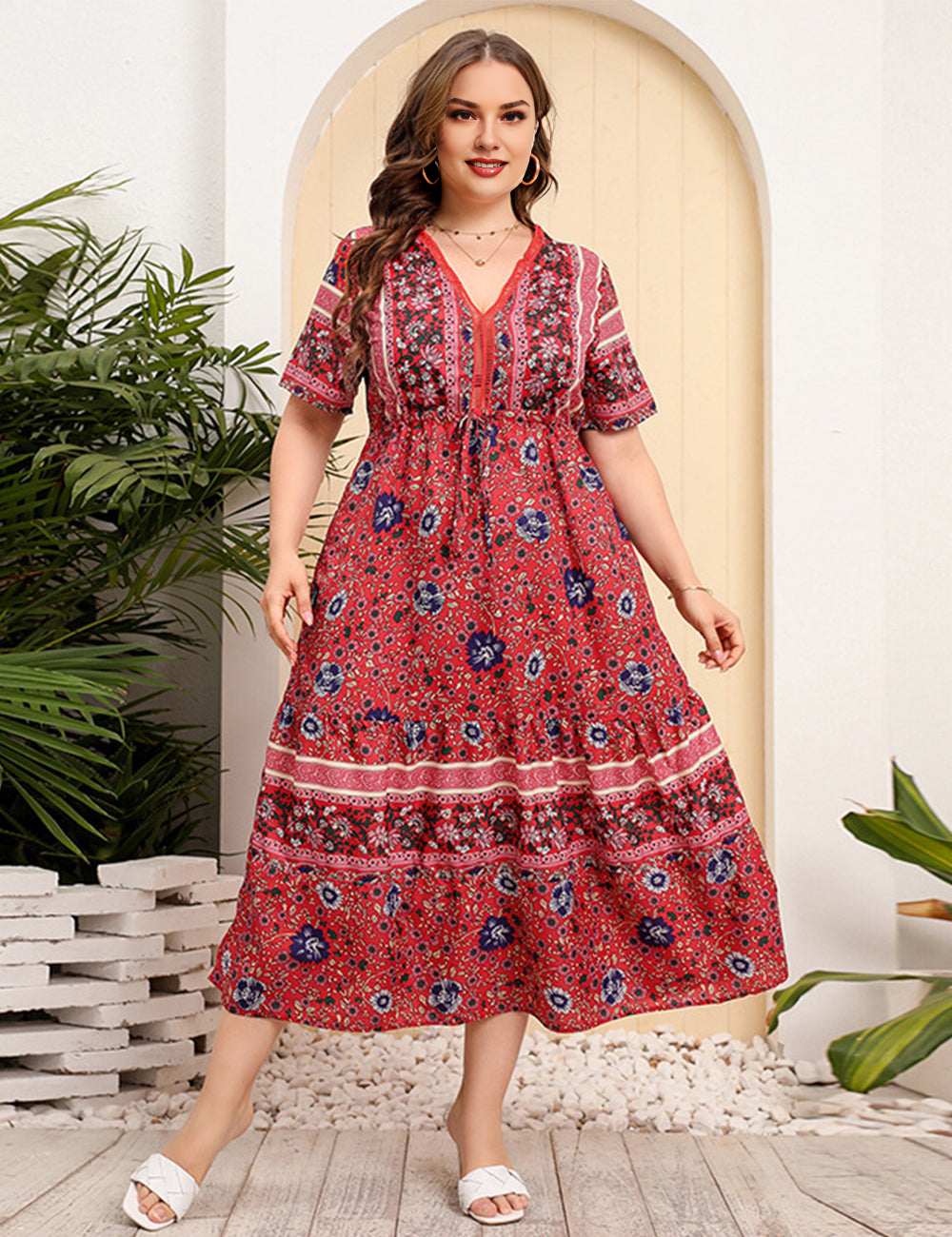 Women Plus Size V-Neck Vintage Floral Dress-1