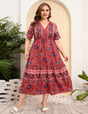 Women Plus Size V-Neck Vintage Floral Dress-1