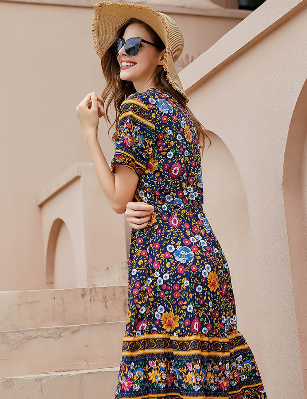 Women Plus Size V-Neck Vintage Floral Dress-4