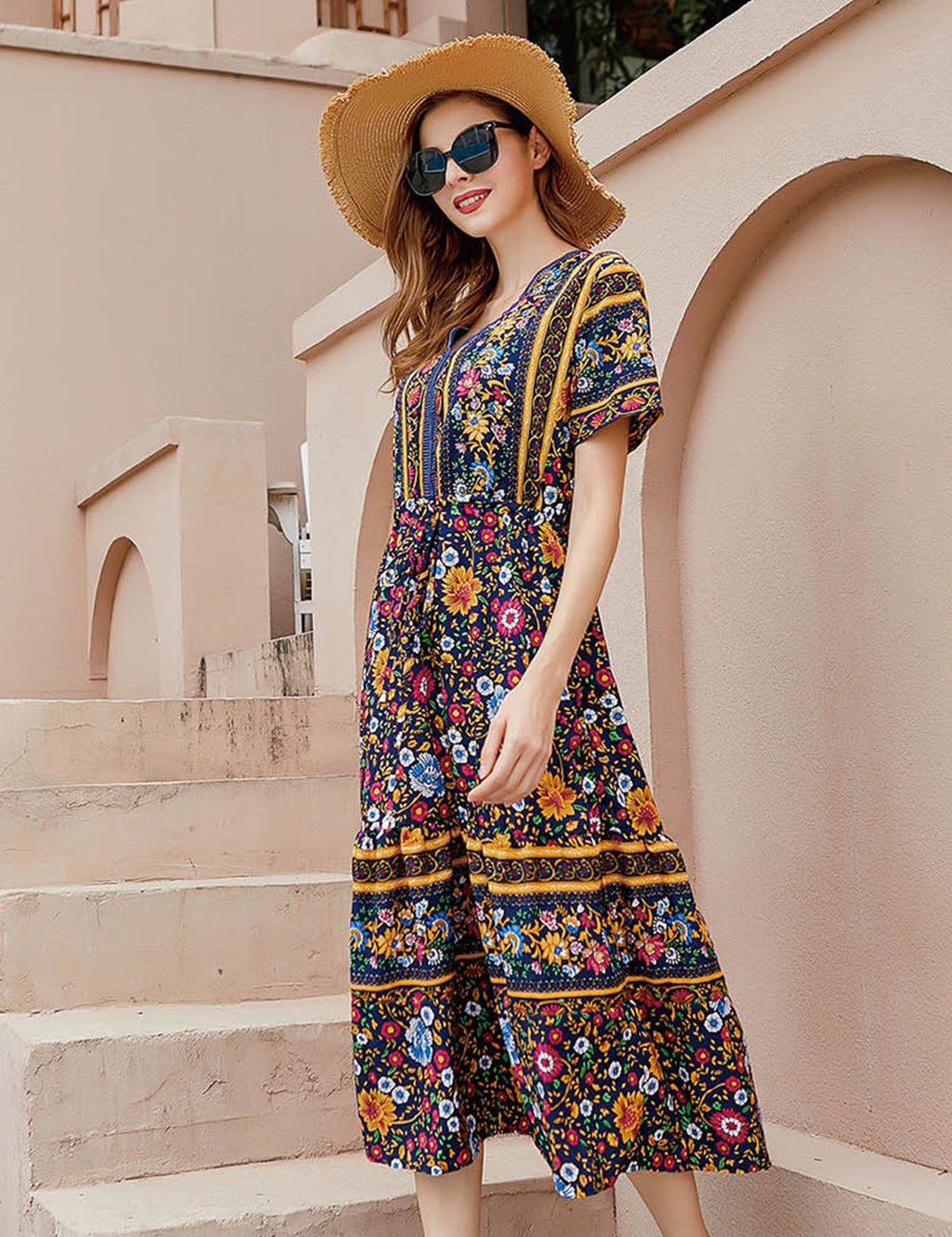 Women Plus Size V-Neck Vintage Floral Dress-5