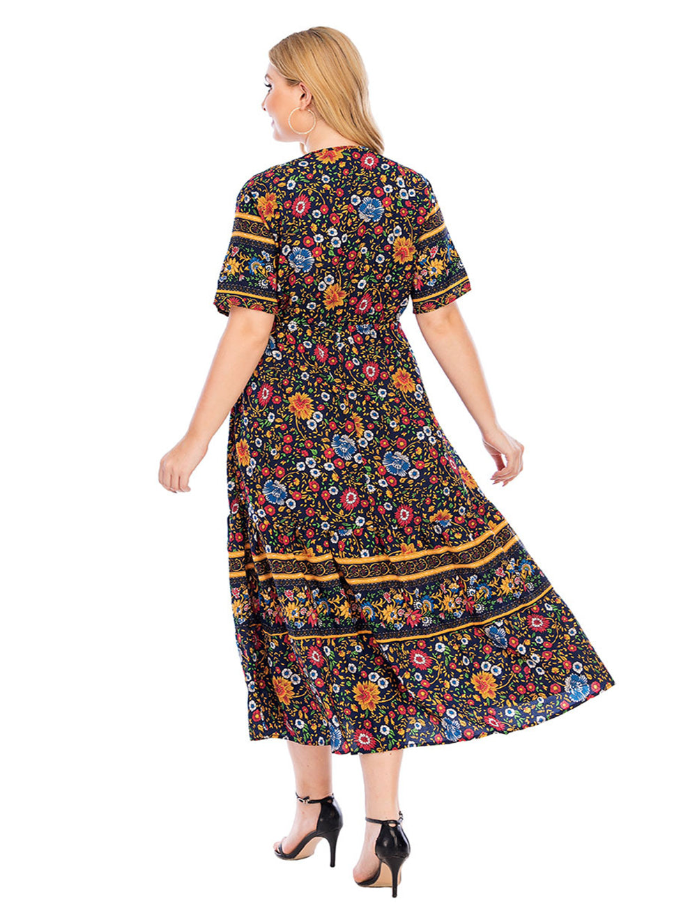 Women Plus Size V-Neck Vintage Floral Dress-6