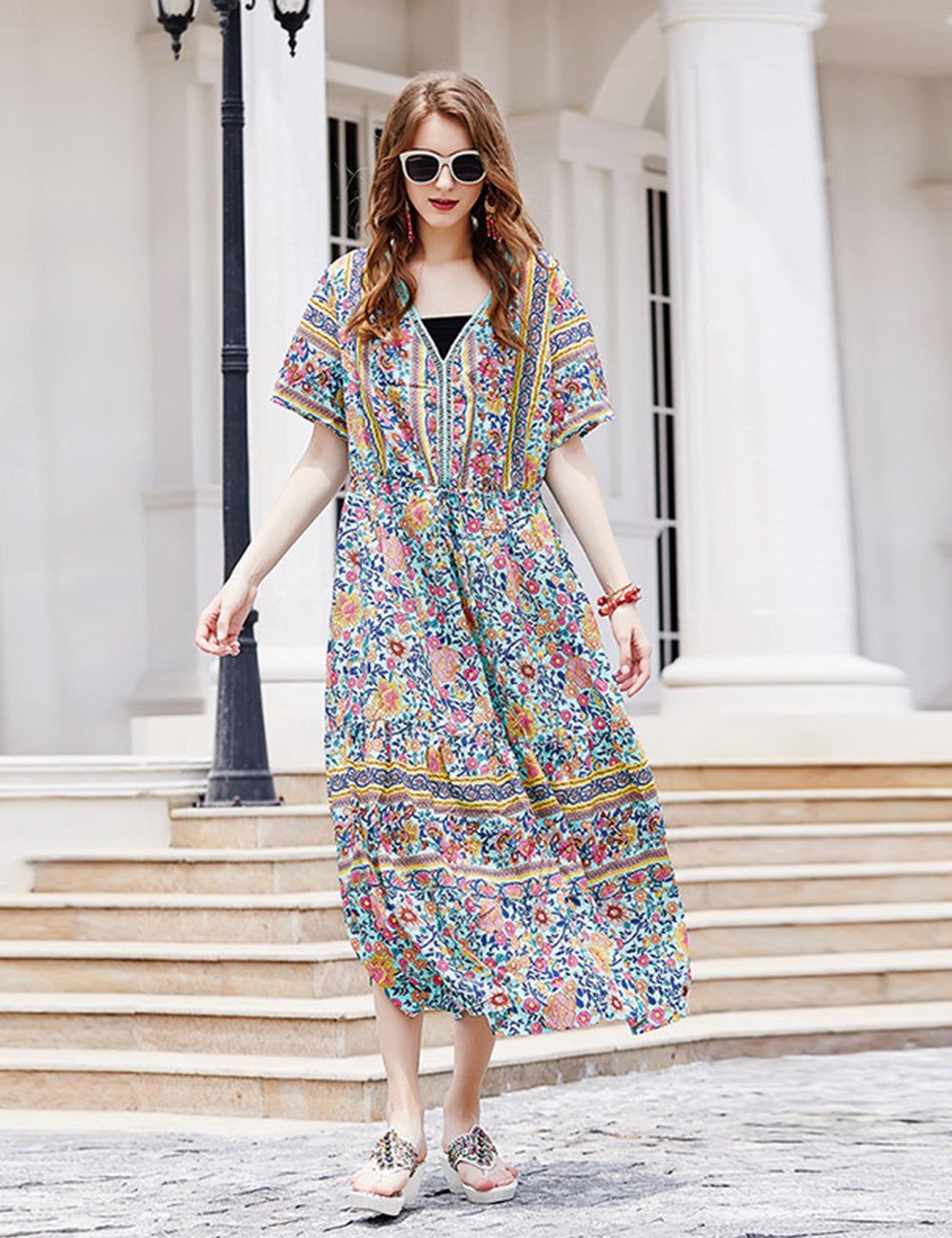 Women Plus Size V-Neck Vintage Floral Dress-7