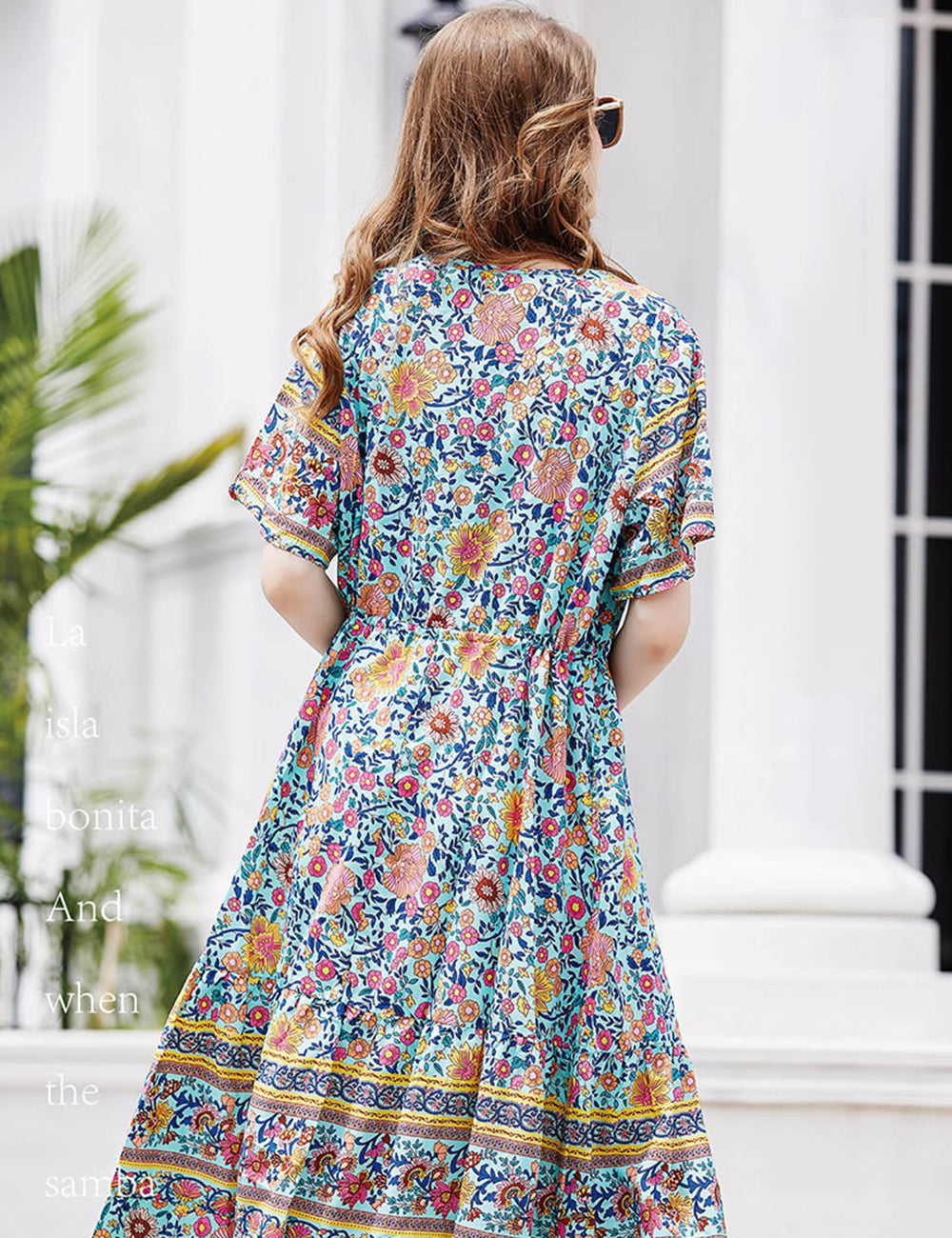 Women Plus Size V-Neck Vintage Floral Dress-8