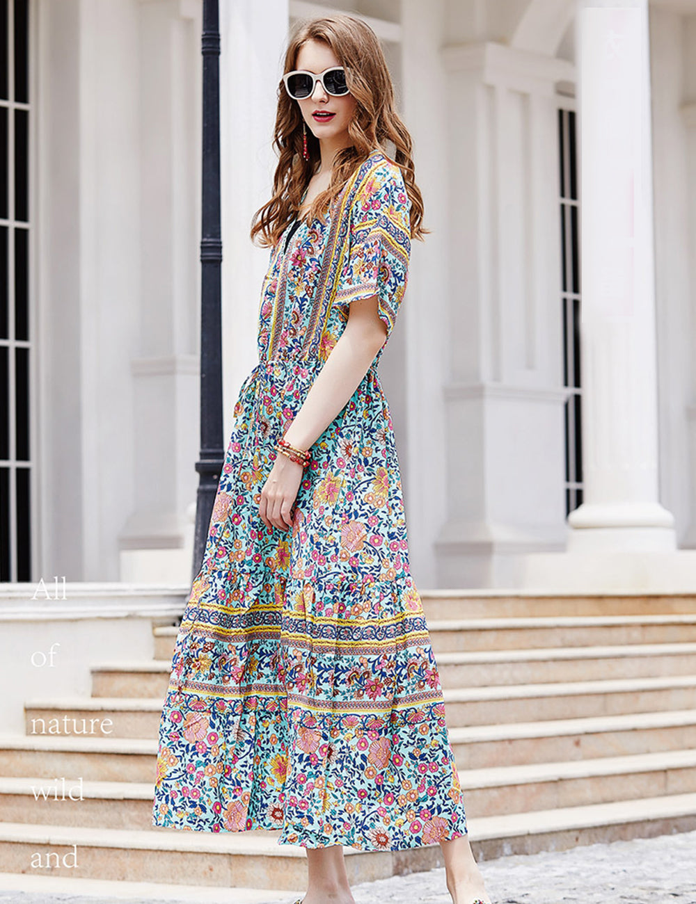Women Plus Size V-Neck Vintage Floral Dress-9