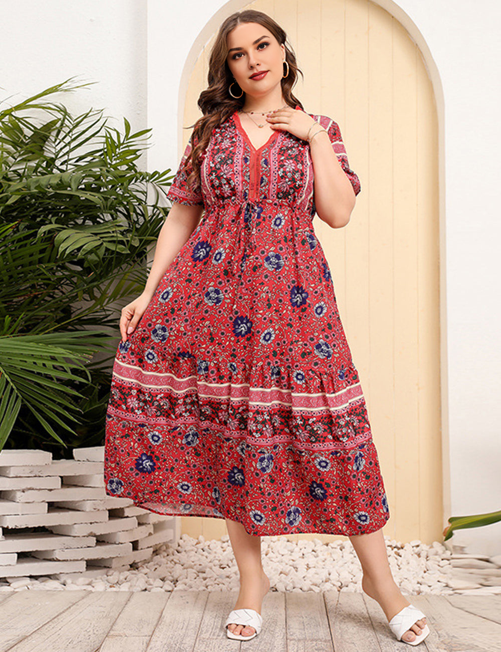 Women Plus Size V-Neck Vintage Floral Dress