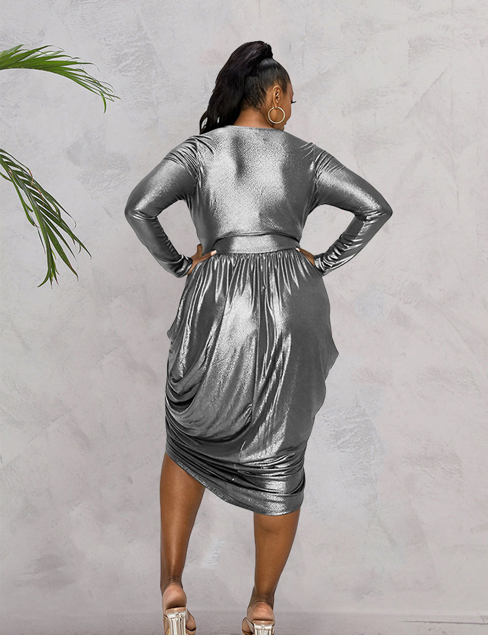 Women Plus Size V-neck Ruched Irregular Dress-1