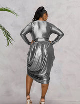 Women Plus Size V-neck Ruched Irregular Dress-1