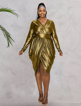 Women Plus Size V-neck Ruched Irregular Dress-2