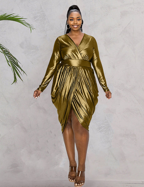 Women Plus Size V-neck Ruched Irregular Dress-2