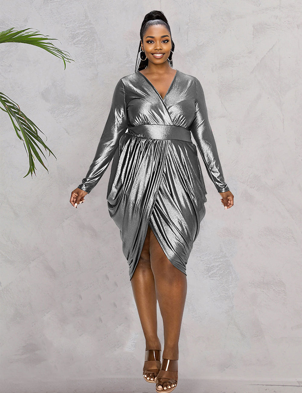 Women Plus Size V-neck Ruched Irregular Dress