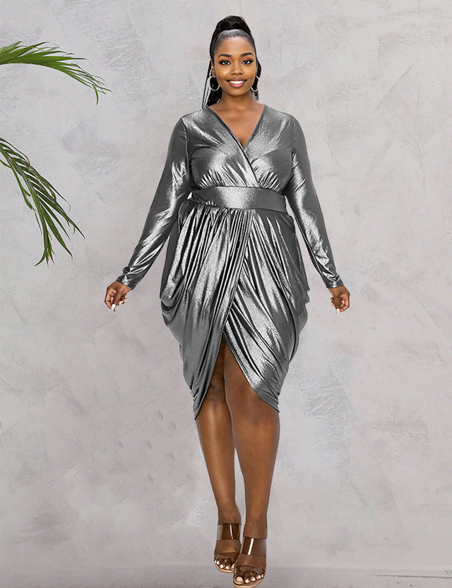 Women Plus Size V-neck Ruched Irregular Dress
