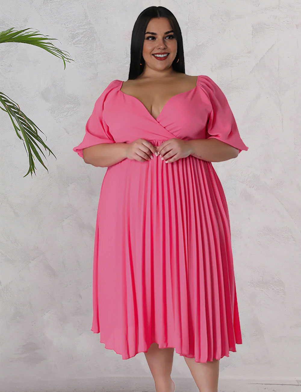 Women Plus Size V Neck Hem Pleated Short Sleeves Dress-1