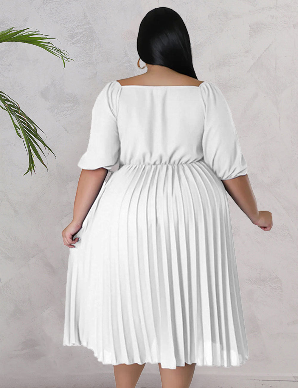 Women Plus Size V Neck Hem Pleated Short Sleeves Dress-10