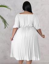 Women Plus Size V Neck Hem Pleated Short Sleeves Dress-10