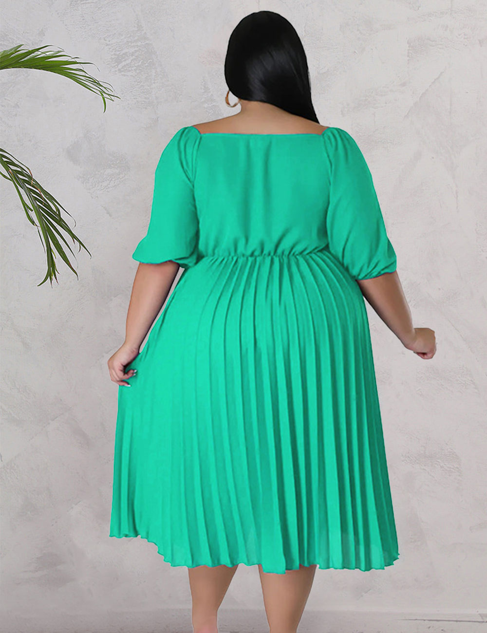 Women Plus Size V Neck Hem Pleated Short Sleeves Dress-4