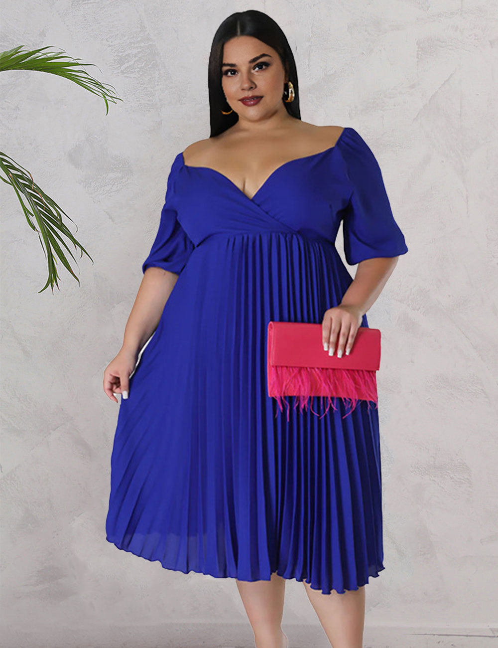 Women Plus Size V Neck Hem Pleated Short Sleeves Dress-6