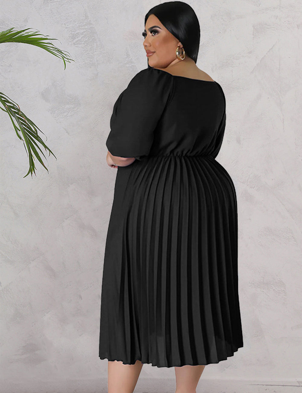 Women Plus Size V Neck Hem Pleated Short Sleeves Dress-7