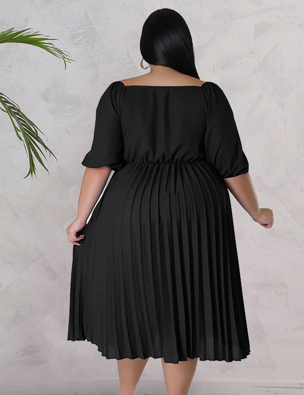 Women Plus Size V Neck Hem Pleated Short Sleeves Dress-8