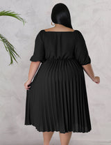 Women Plus Size V Neck Hem Pleated Short Sleeves Dress-8