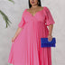 Women Plus Size V Neck Hem Pleated Short Sleeves Dress