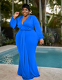 Women Plus Size V Neck Lantern Sleeve Midi Belted Bodycon Dress-1