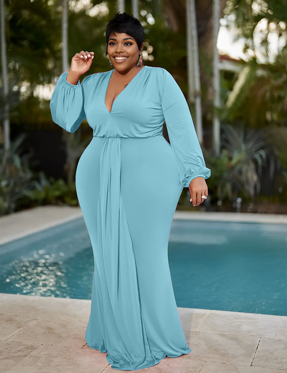 Women Plus Size V Neck Lantern Sleeve Midi Belted Bodycon Dress-2