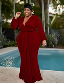 Women Plus Size V Neck Lantern Sleeve Midi Belted Bodycon Dress-4