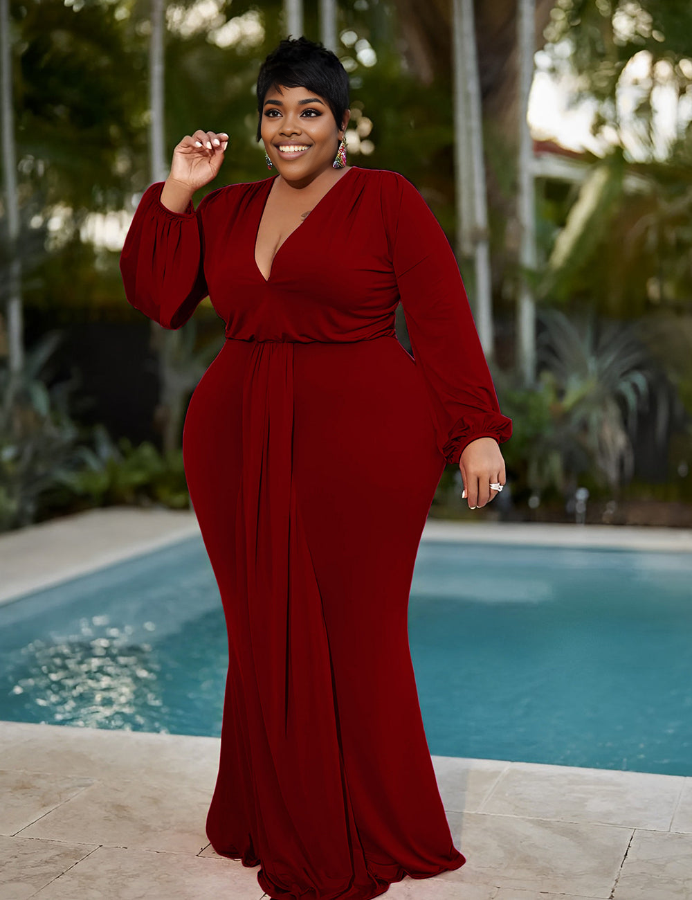 Women Plus Size V Neck Lantern Sleeve Midi Belted Bodycon Dress-4