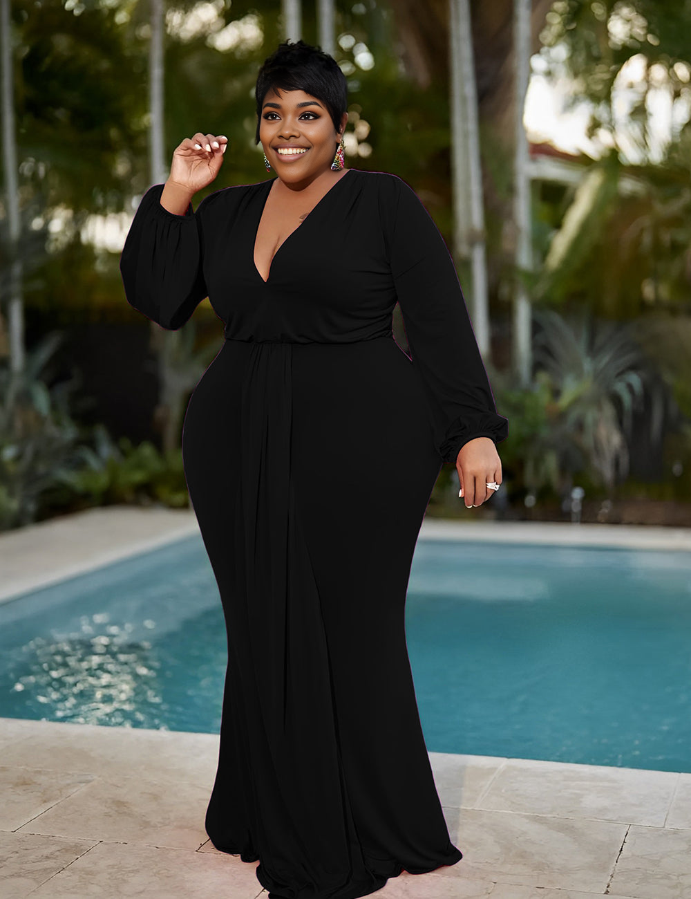 Women Plus Size V Neck Lantern Sleeve Midi Belted Bodycon Dress