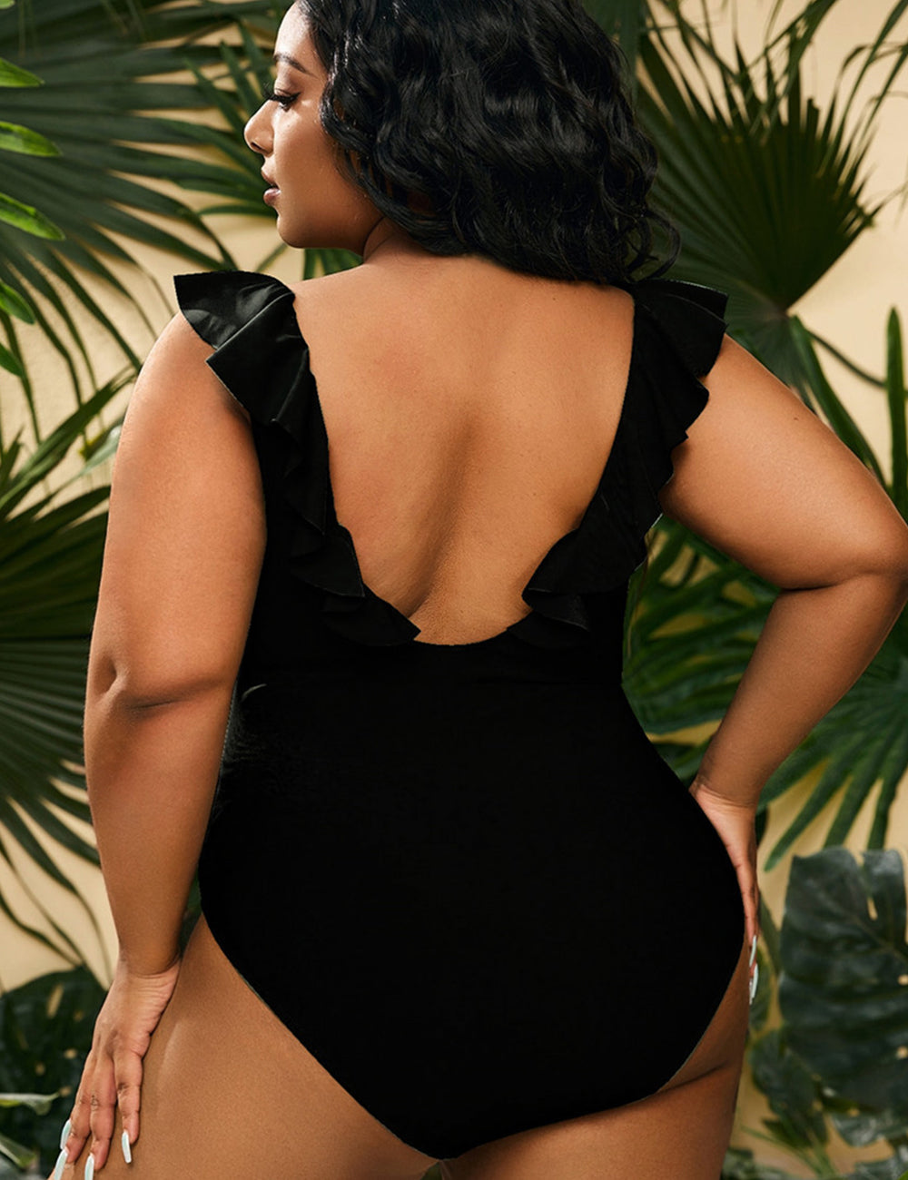 Women Plus Size V Neck One Piece Swimsuit Ruffled Lace Up Monokini-1