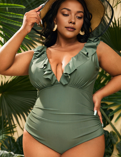 Women Plus Size V Neck One Piece Swimsuit Ruffled Lace Up Monokini-5