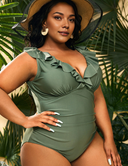 Women Plus Size V Neck One Piece Swimsuit Ruffled Lace Up Monokini-6