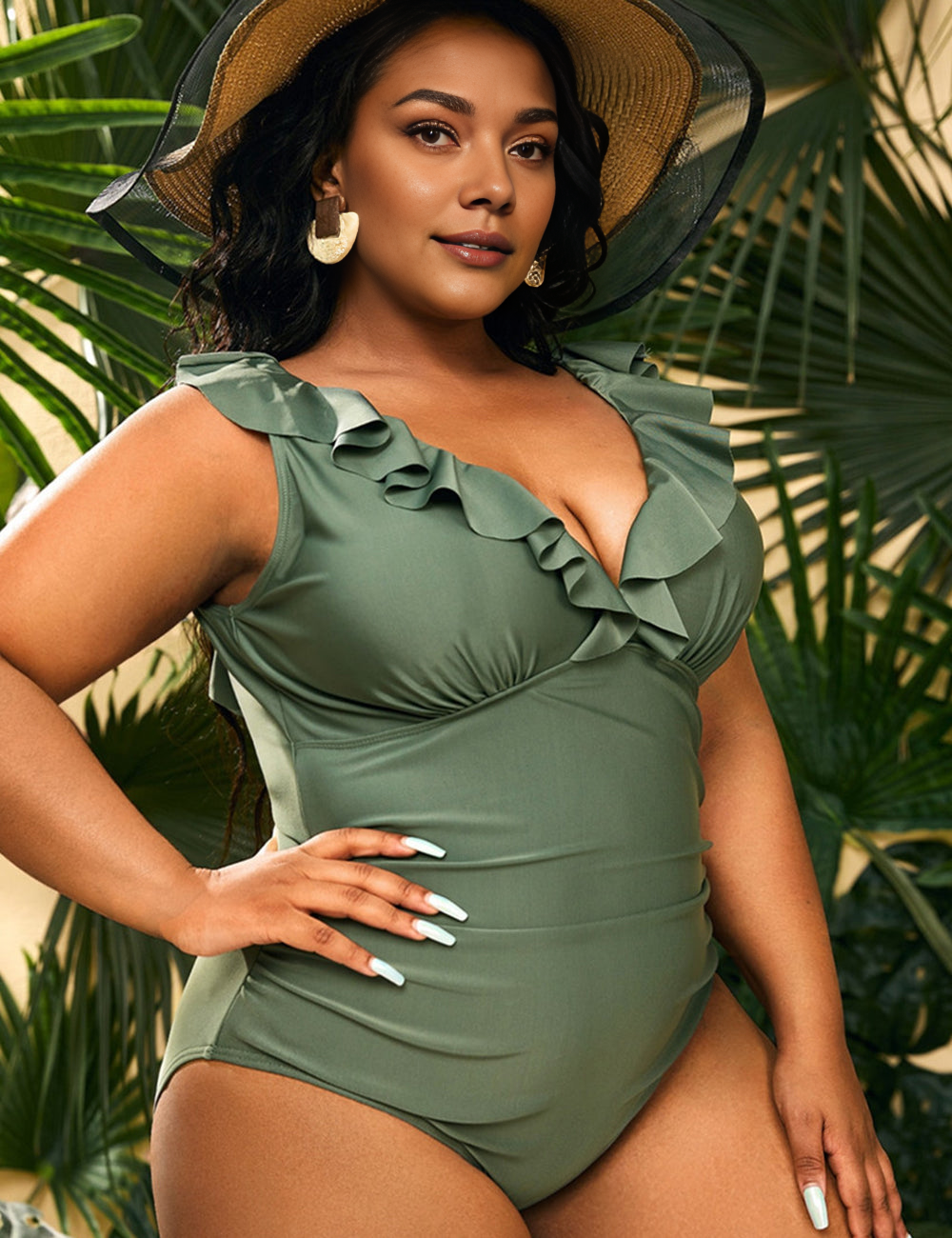 Women Plus Size V Neck One Piece Swimsuit Ruffled Lace Up Monokini-6