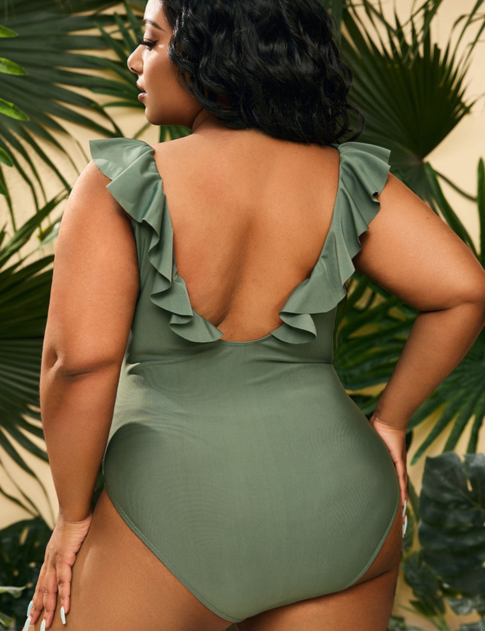 Women Plus Size V Neck One Piece Swimsuit Ruffled Lace Up Monokini-7